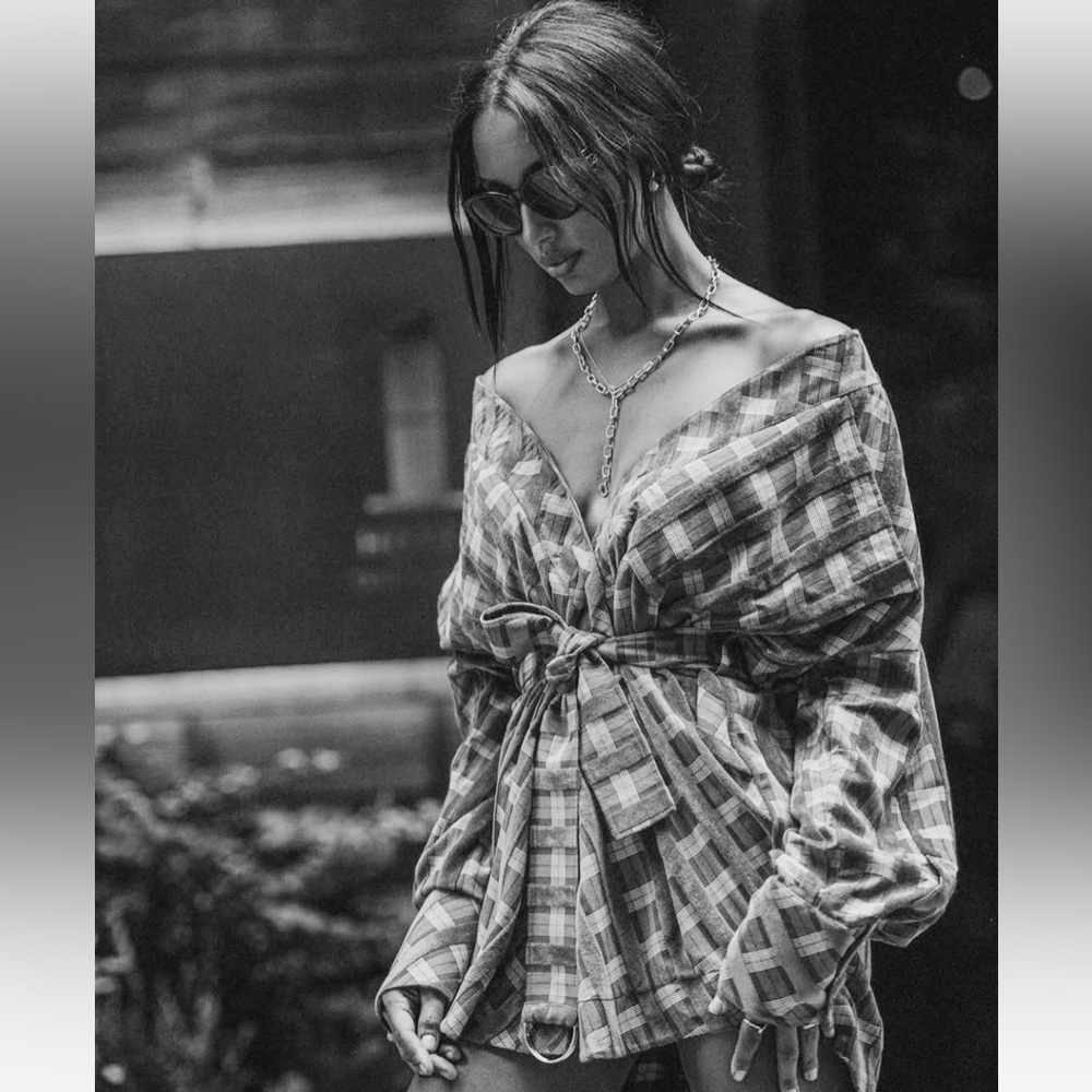 Plaid Off-Shoulder Belted dress